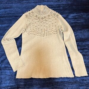 ONCE 1 AGAIN Gold Scalloped Beaded Neckline Long Sleeve Ribbed Knit Sweater L